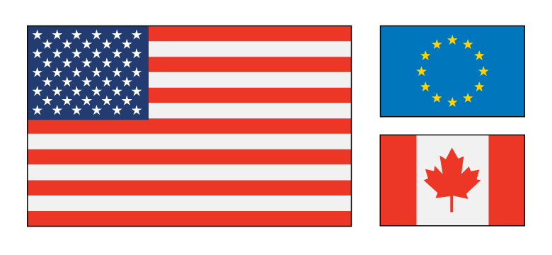 United States, European Union and Canada flags