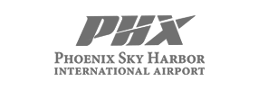 Grey logo with the letters "PHX" above the text "PHOENIX SKY HARBOR INTERNATIONAL AIRPORT".